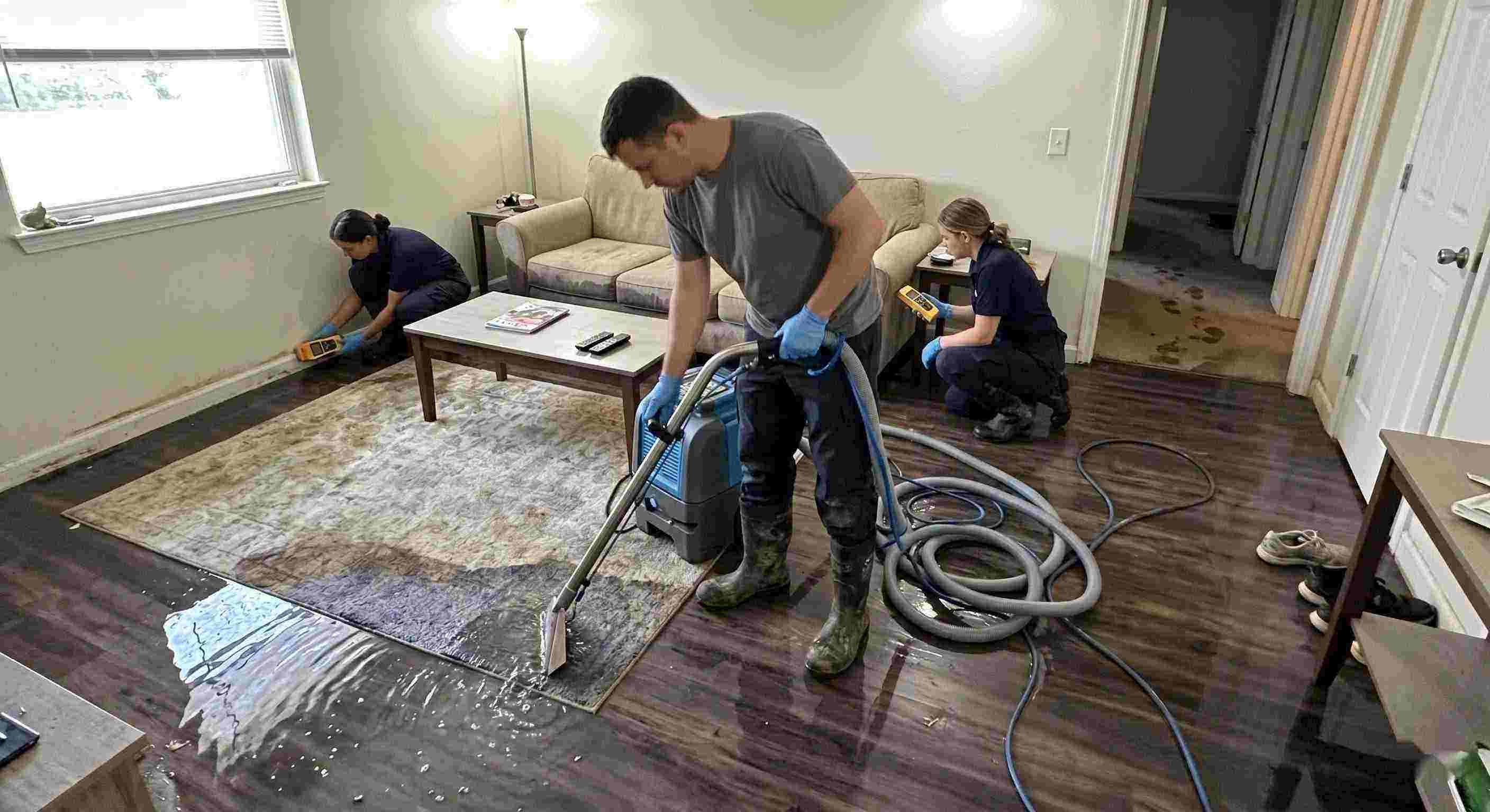 Standing water extraction service removing pooled water inside a home in St. Petersburg