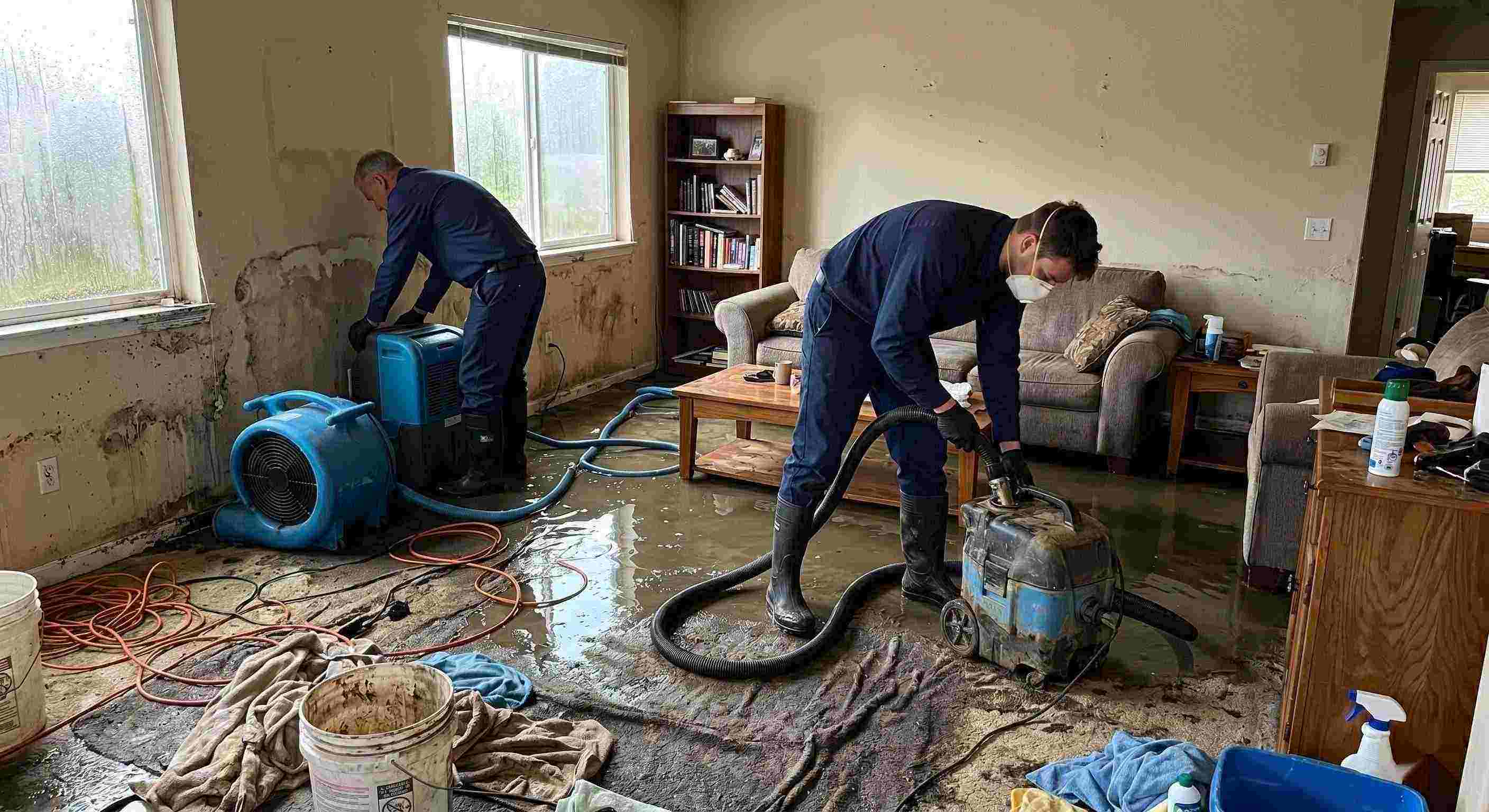 Storm water damage cleanup in a residential home showing technicians removing standing water and setting up drying equipment in St. Petersburg.