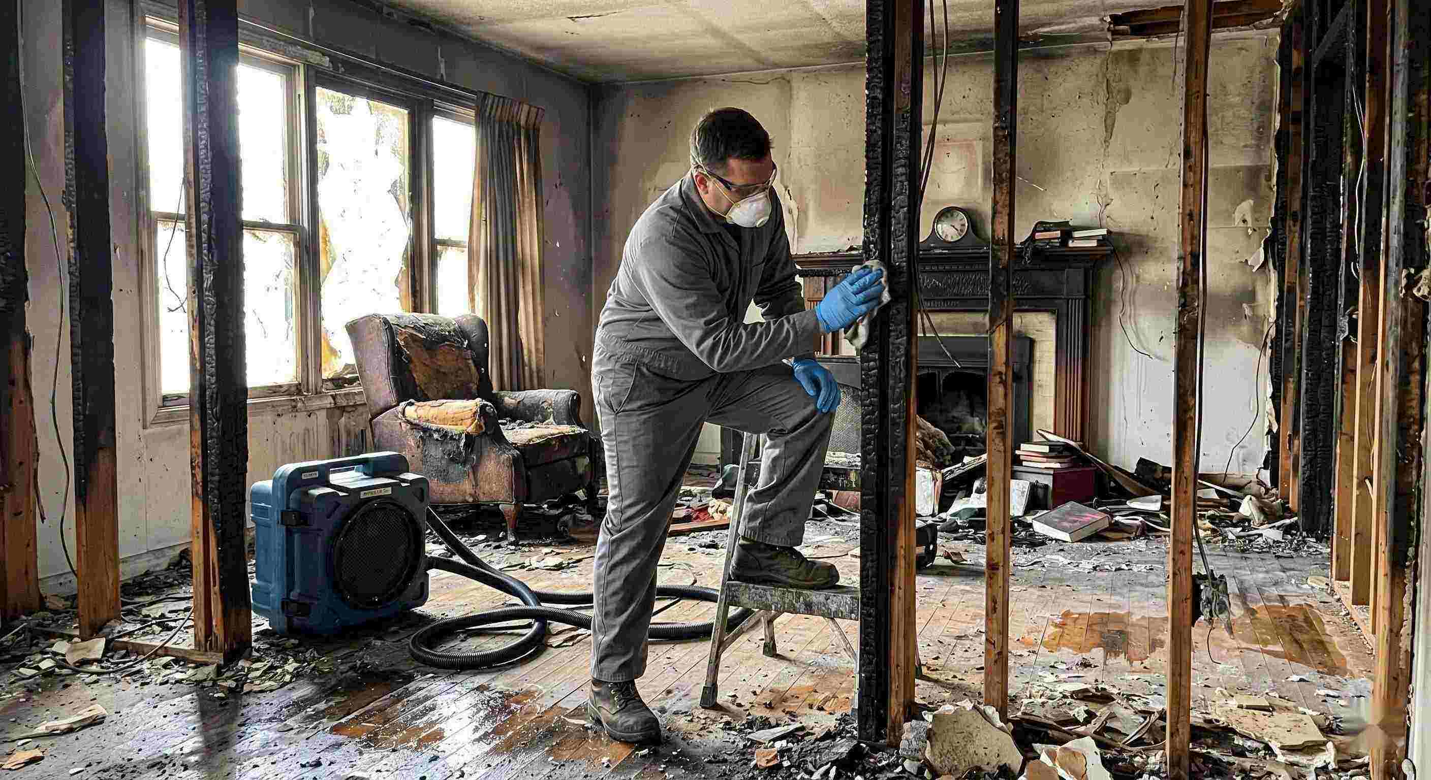 Fire damage structural cleaning after a residential fire in St. Petersburg showing soot-covered beams, charred walls, and a technician restoring the home.