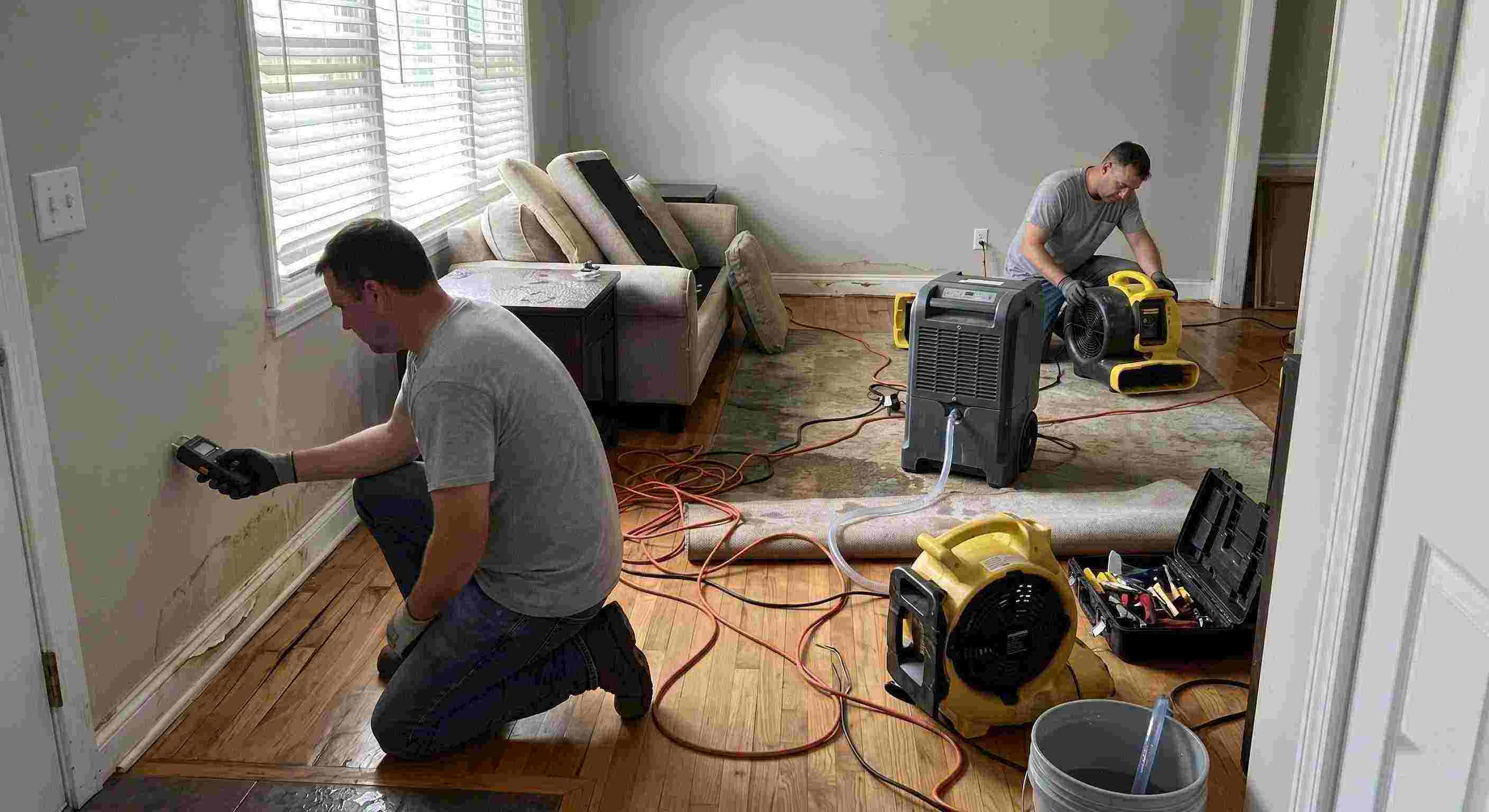 structural drying and dehumidification equipment removing moisture inside a water damaged home in St. Petersburg