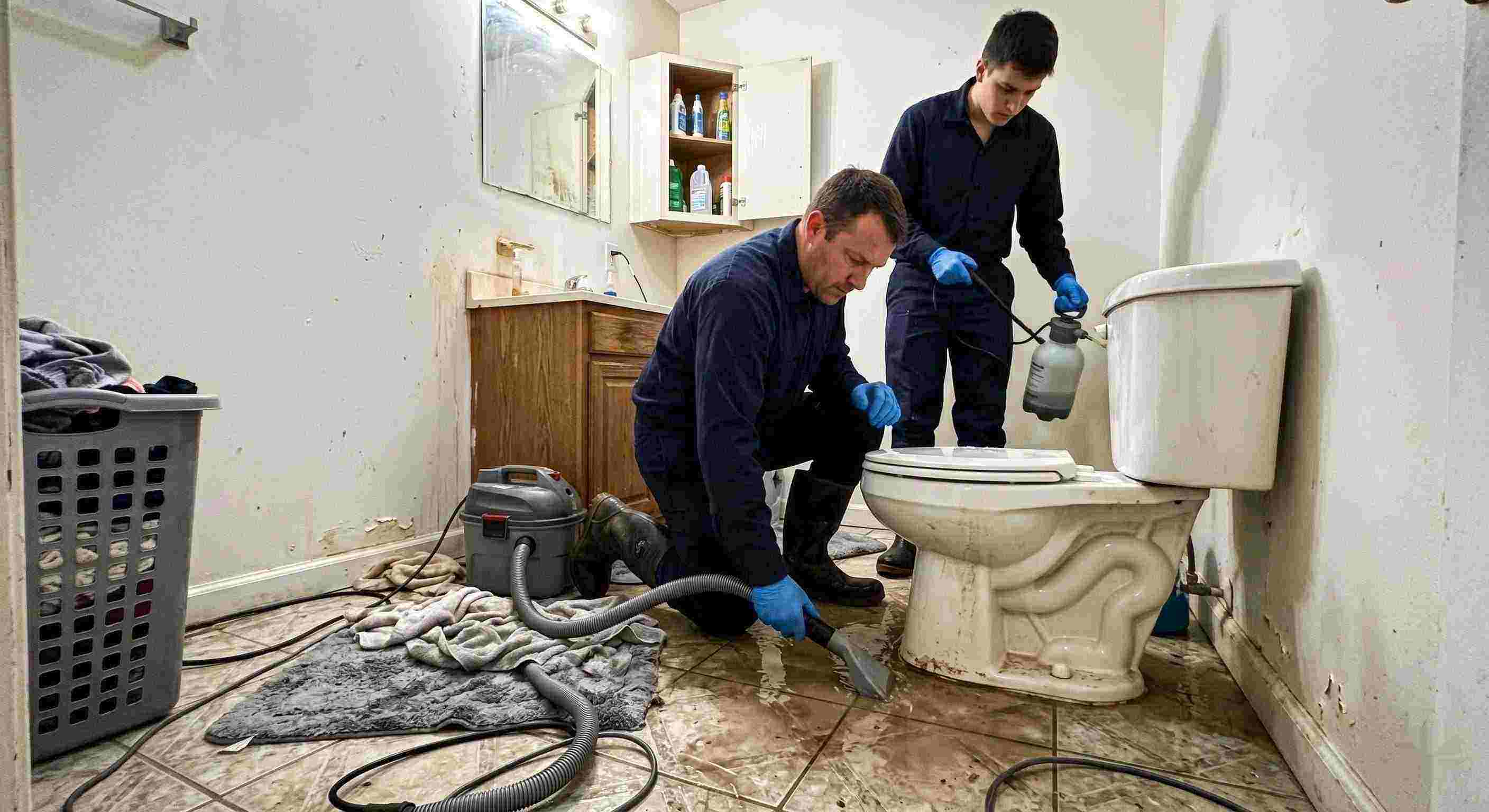 toilet overflow cleanup service in St. Petersburg with technicians extracting contaminated water from bathroom floor