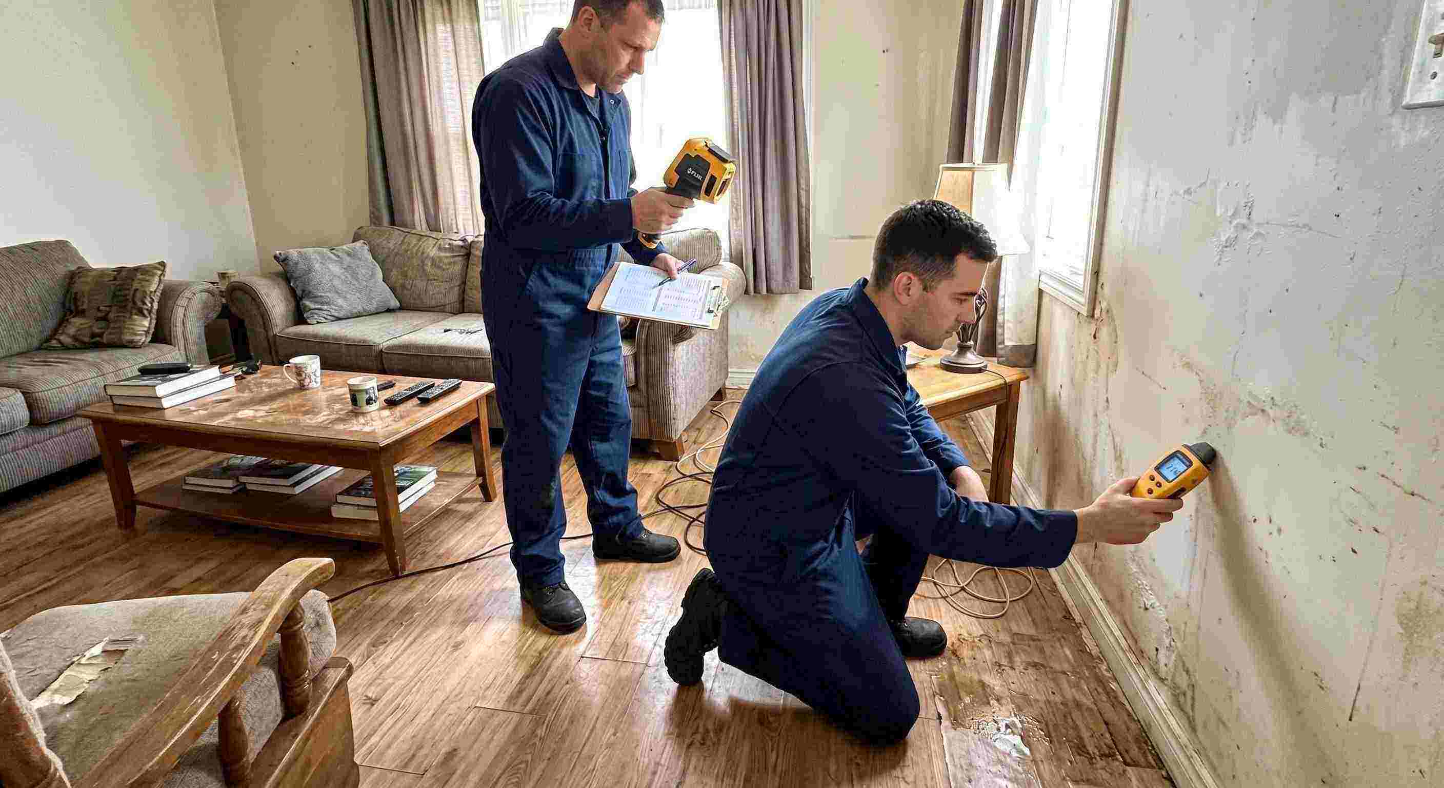 Professional water damage inspection technician using moisture meter and thermal imaging in Spring Hill home