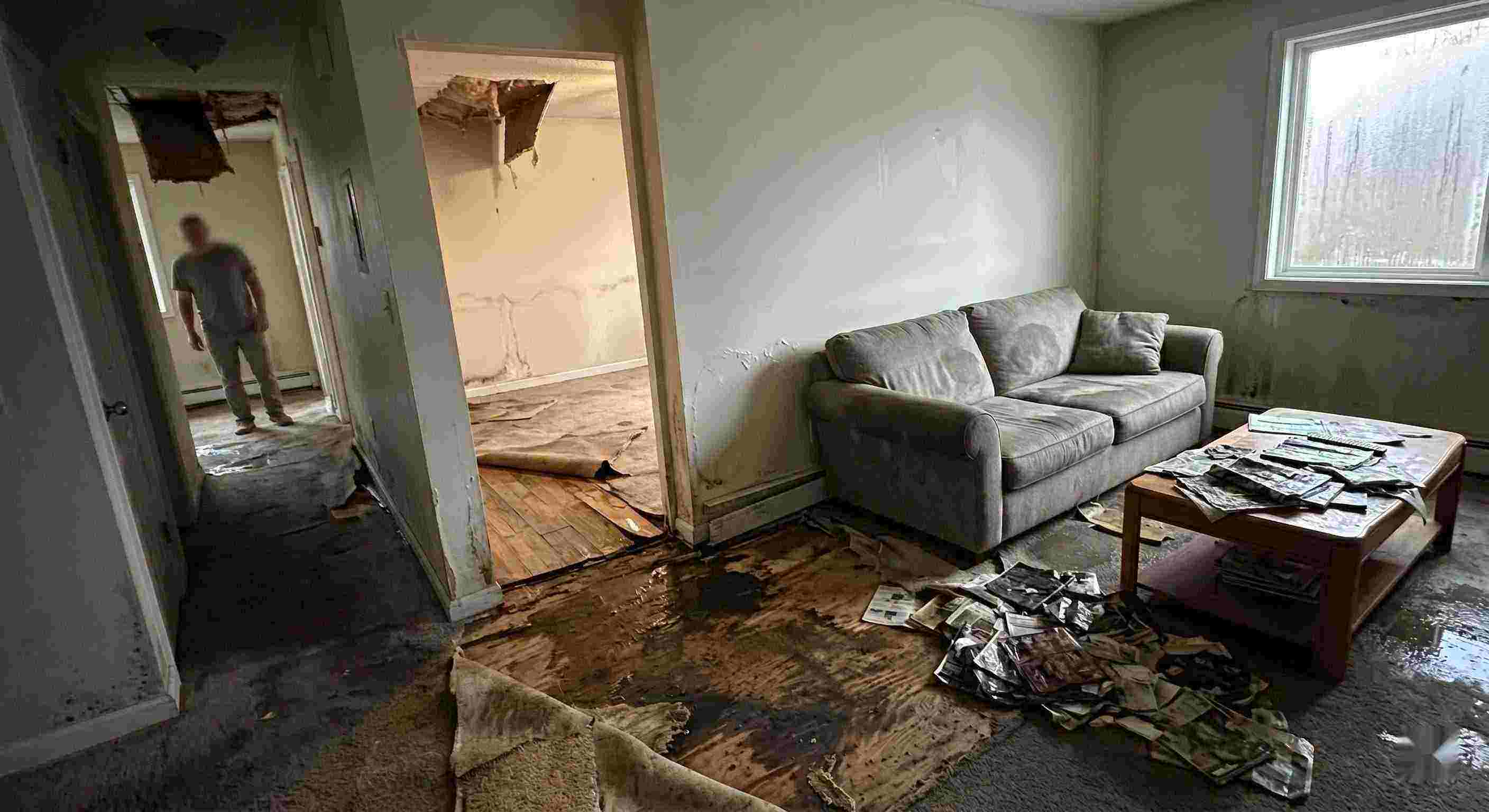 Professional severe indoor water damage in Spring Hill home with soaked floors, peeling walls, and structural deterioration