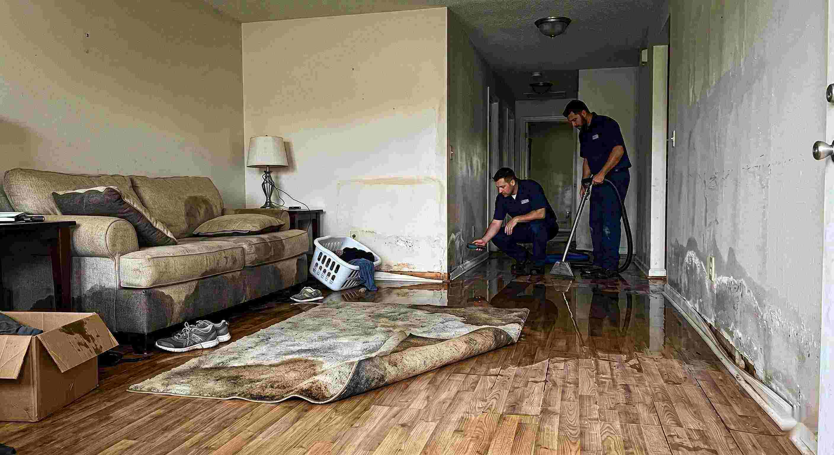 water damage spreading across floors and walls inside a home in St. Petersburg showing soaked flooring and structural impact