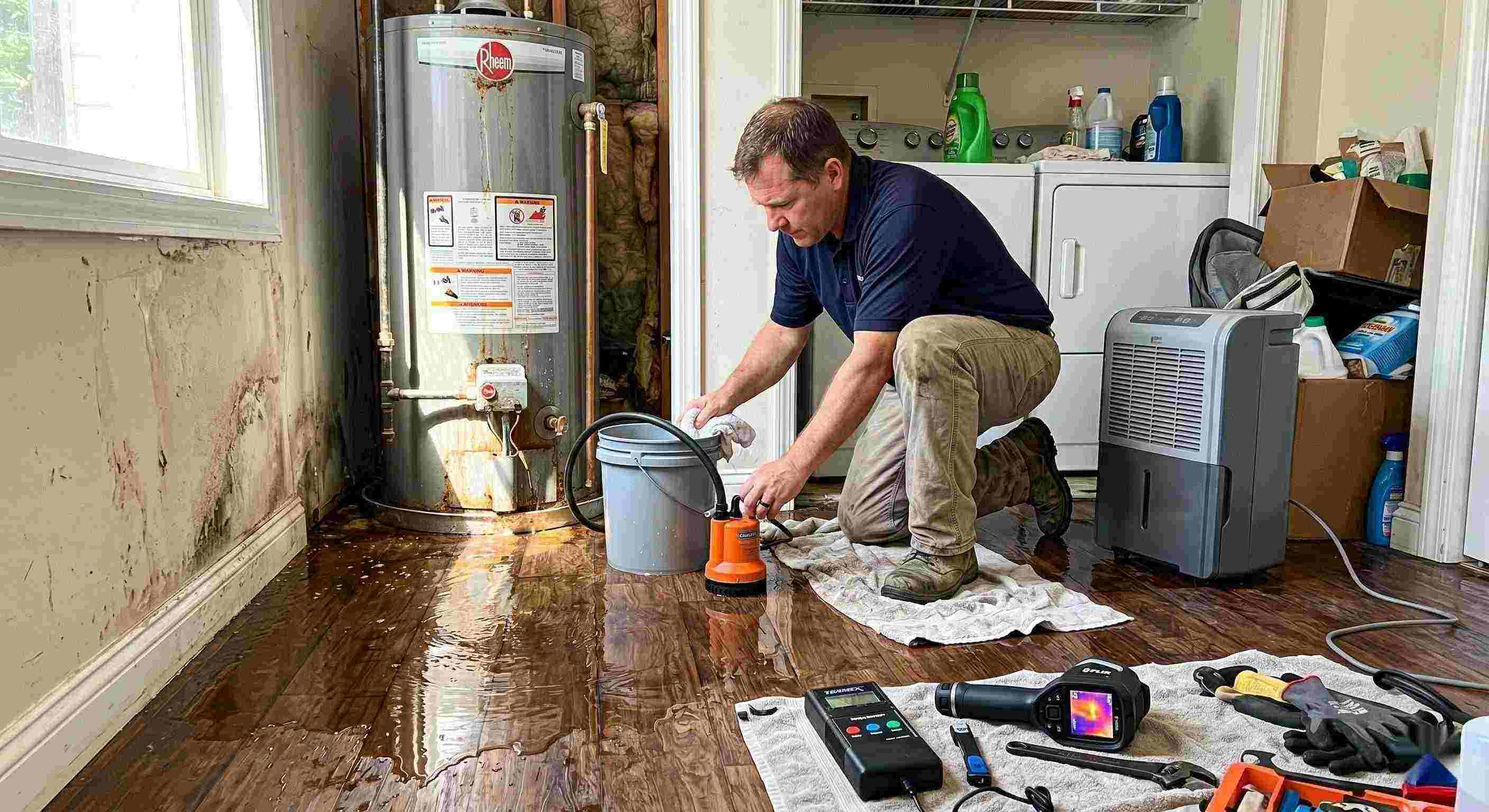 Technician performing water heater leak damage restoration in a home with water pooled on the floor and visible moisture damage in St. Petersburg