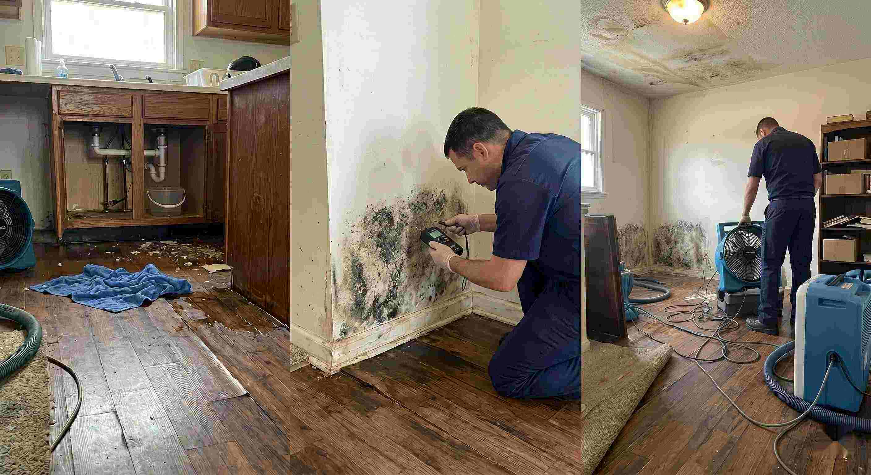 Realistic photo of water leak damage inside a home, showing pooled water, damp flooring, and technicians performing leak damage restoration in St. Petersburg.