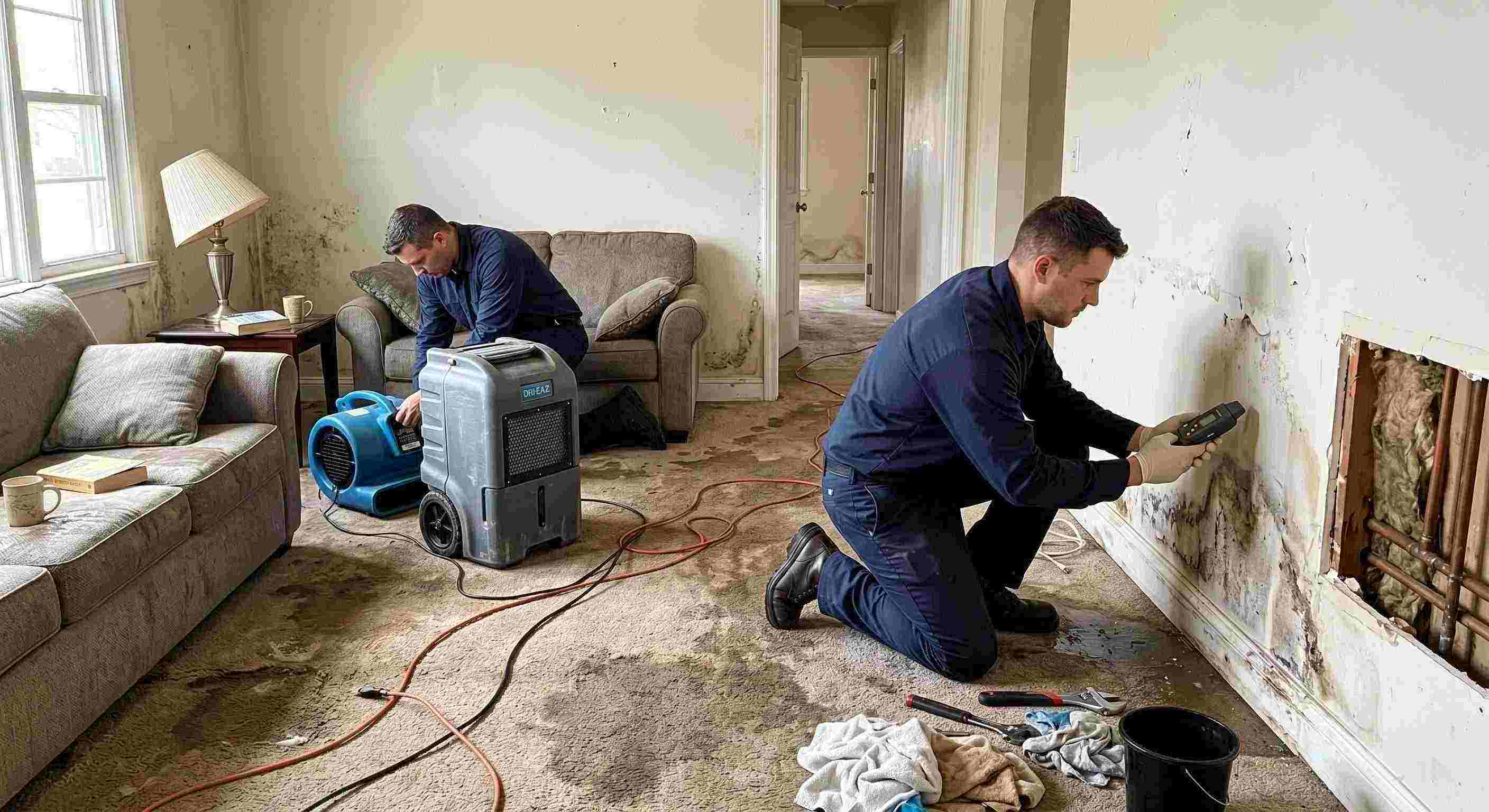 Realistic water leak damage repair scene in a residential home showing technicians locating and repairing a hidden pipe leak in St. Petersburg.