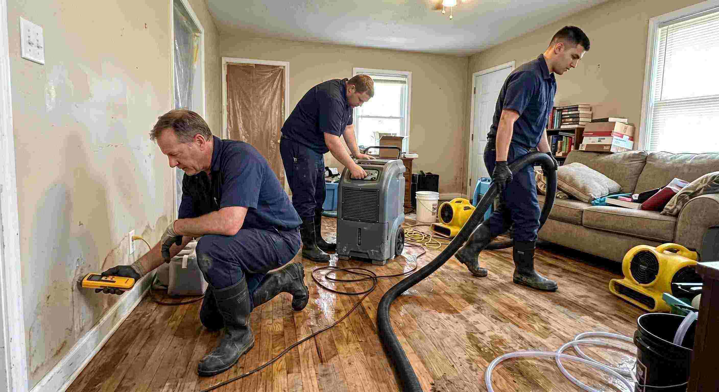 water restoration experts team using professional equipment during water extraction in St. Petersburg