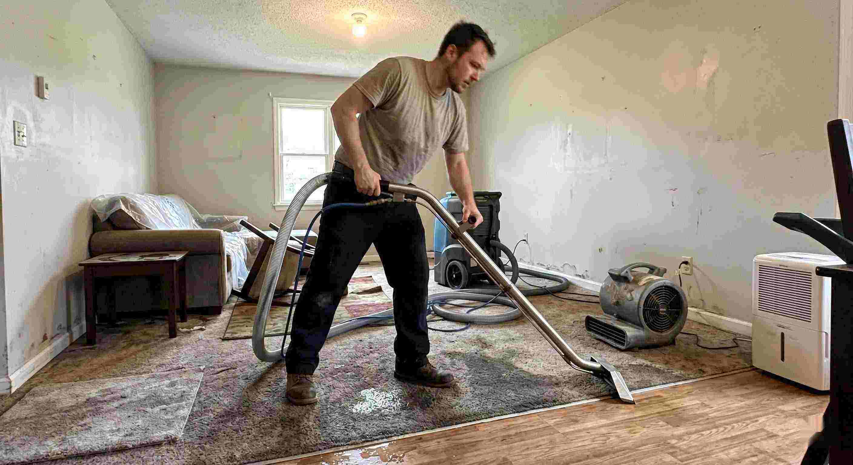Water extraction technician removing water during restoration process in a residential home in St. Petersburg