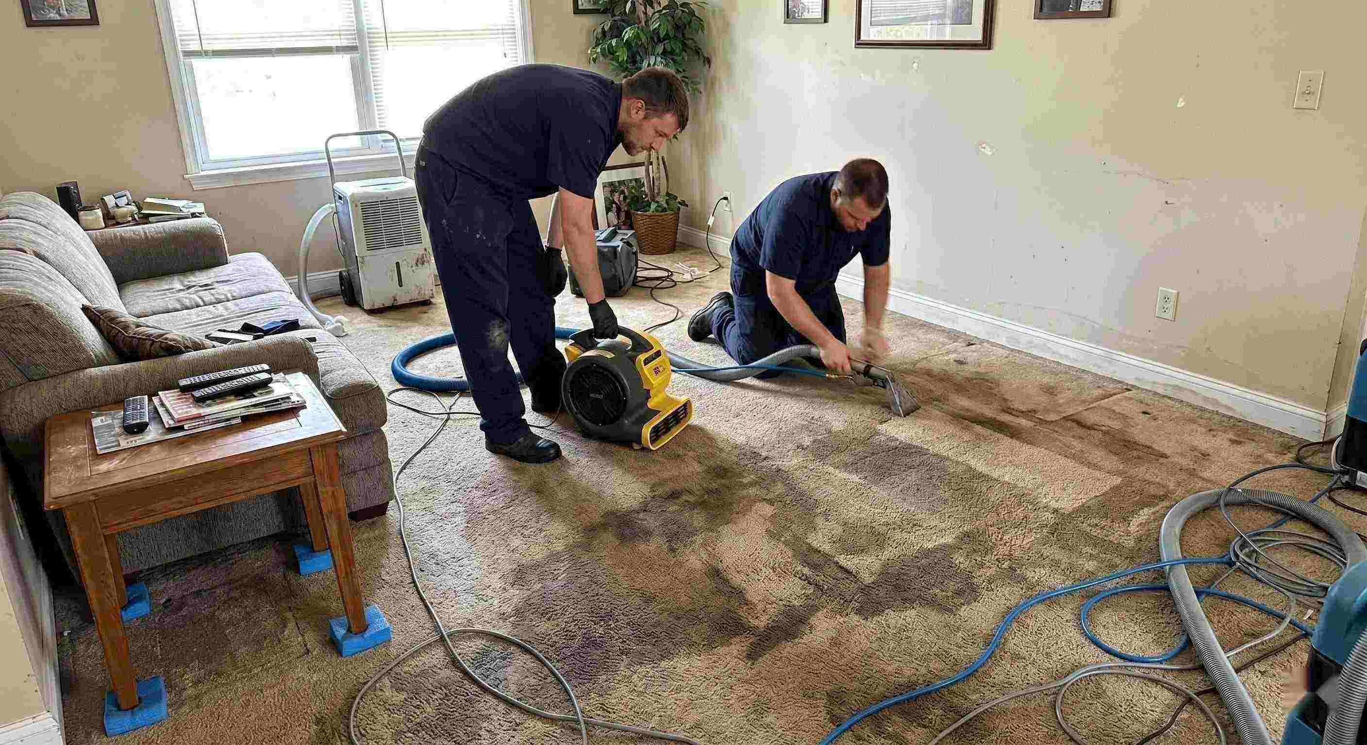 wet carpet cleanup service in St. Petersburg removing moisture from soaked residential carpet using extraction and drying equipment