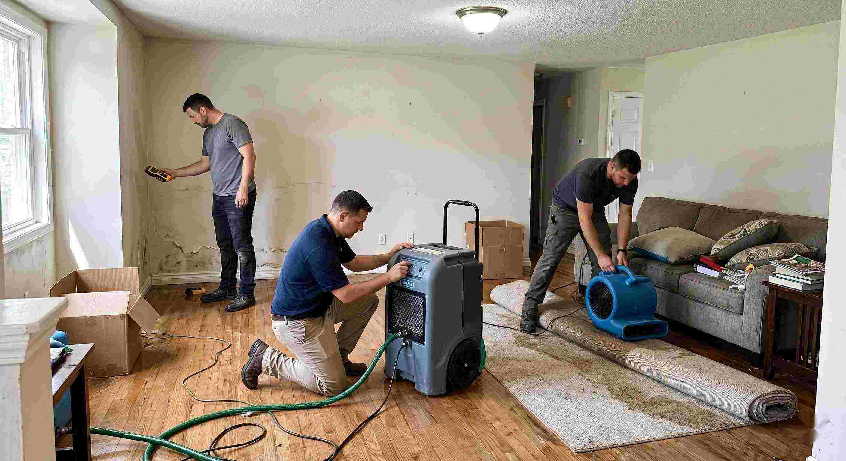 Local flood restoration team working in a water-damaged home, showing equipment and hands-on cleanup process in St. Petersburg