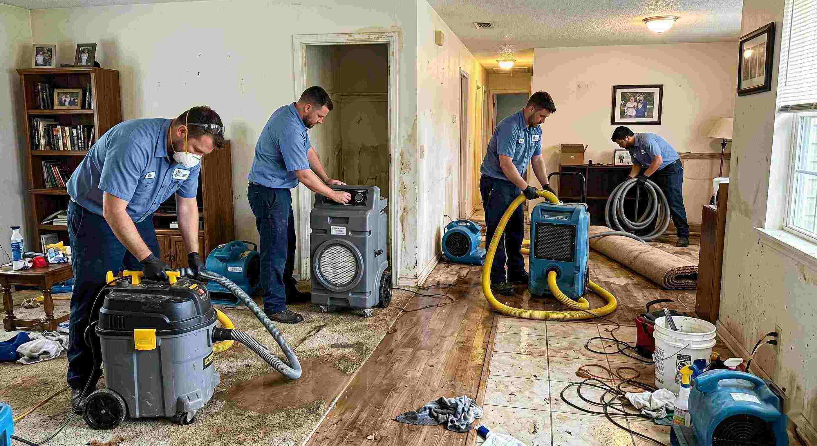 Realistic photo of sewage backup cleanup team using professional equipment in a home interior, showing trust, teamwork, and proper restoration techniques in St. Petersburg.